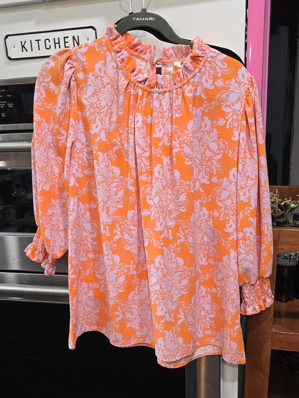 Tahari Orange Blousewith Light Pink Floral Print